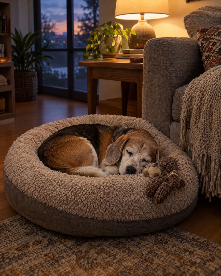 A senior dog asleep on its own bed at home