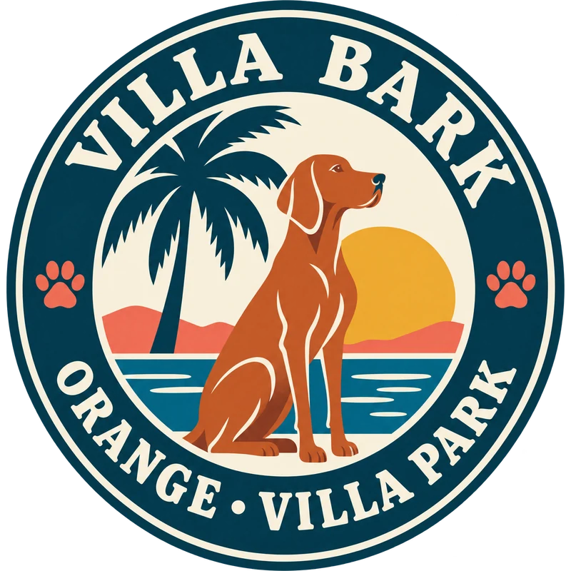 Villa Bark badge: a Vizsla by a palm tree and sunset
