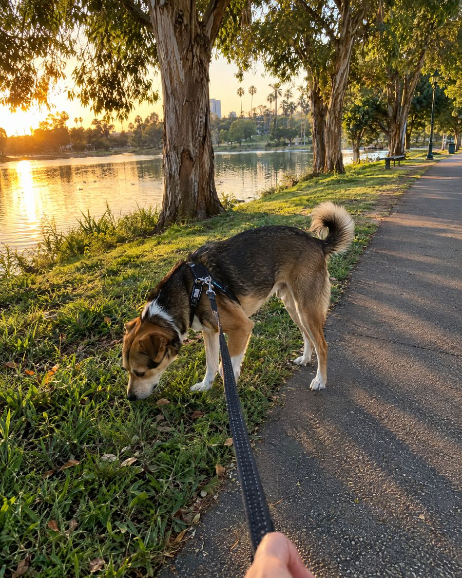 Dog on a leashed walk on a tree-lined path near Villa Park, CA